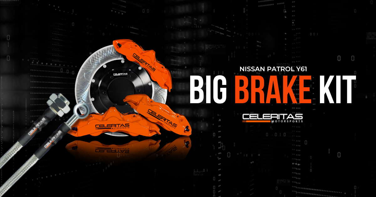 Celeritas Motorsports Big Brake Kit for Nissan Patrol Y61 featuring Brembo calipers, floating rotors, and stainless steel brake lines for superior braking performance.